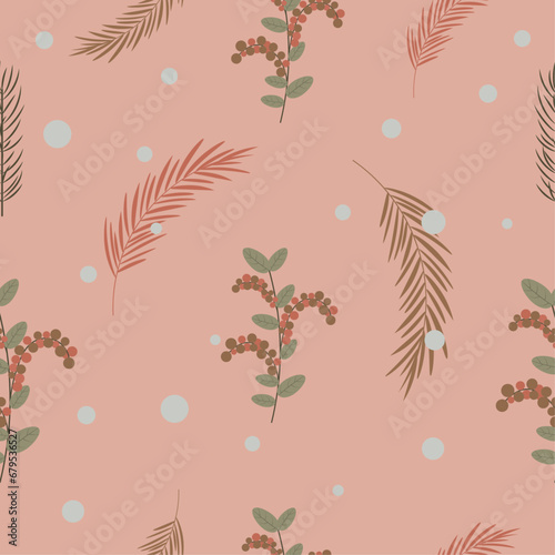 Seamless pattern with winter berries, pine branches and snow