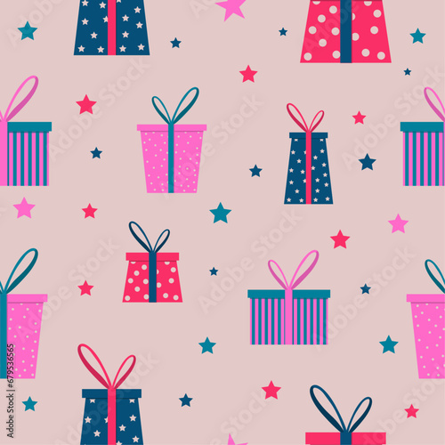 Seamless pattern with gifts and stars for birthday party, Christmas, holiday, New Year
