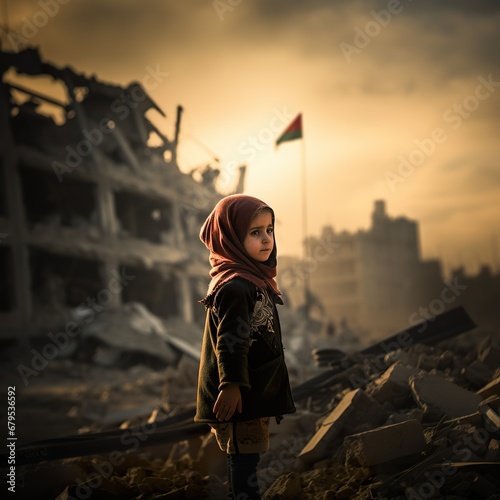 sad little girl in the middle of chaos that made by war - generative ai photo