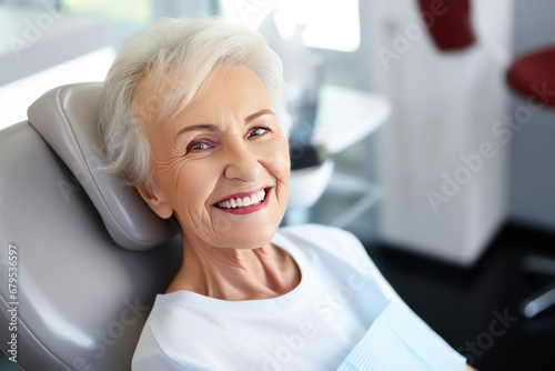 Close-up photo of a smiling senior woman sitting in a chair in a dental office. She is waiting for the dentist for an oral procedure. Teeth whitening concept.