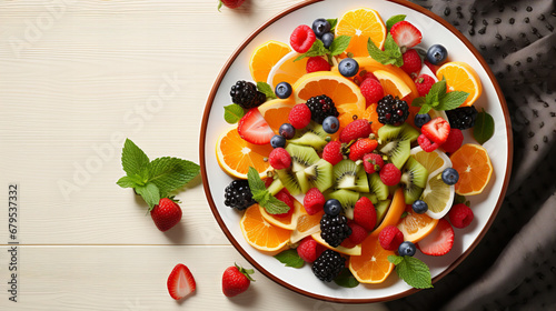 Healthy fresh fruit salad in a glass bowl with berries, raspberries, blueberry, blackberry, orange, kiwi, side vie, copy space, health balance