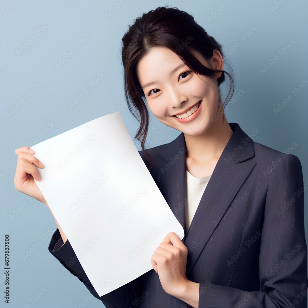 An Asian businesswoman smiling, holding a report in her hands, standing in front of a blue background. An Asian businesswoman smiling, holding a report in her hands, standing in front of a blue background.
