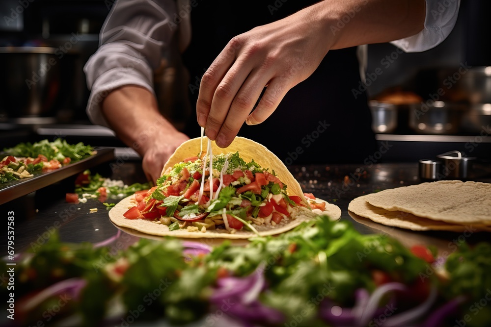 Chef assembling a gourmet taco with unique ingredients, capturing the precision and artistry of taco creation