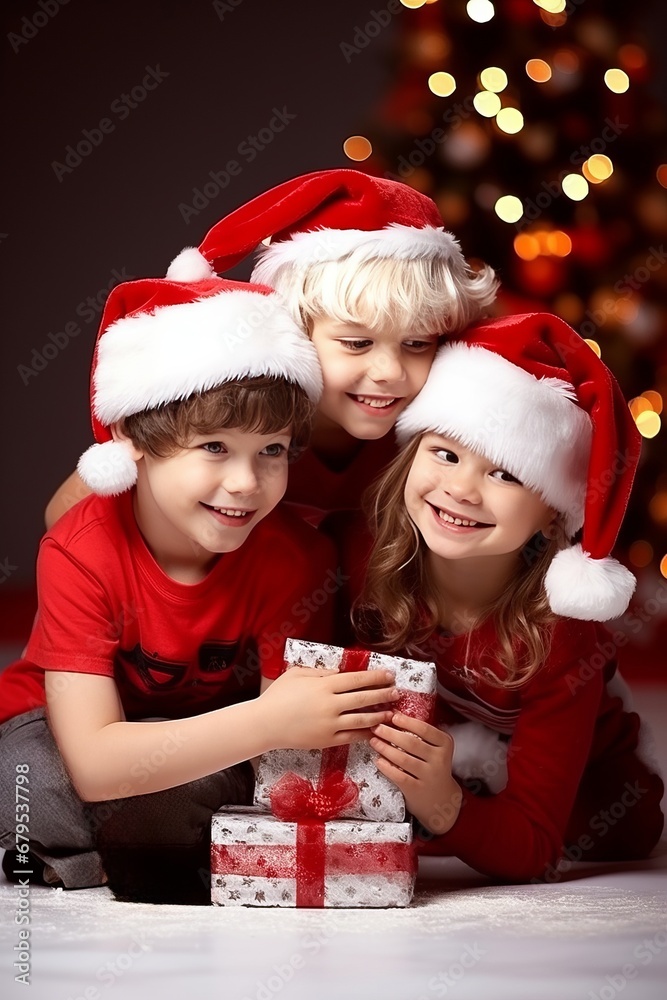 Portrait of children with Santa's hat and New Year's gifts. Bokeh Christmas tree in background. Portrait of children with Santa's hat and New Year's gifts. Bokeh Christmas tree in background.