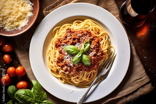 Classic spaghetti bolognese, highlighting the rich tomato sauce, perfectly cooked pasta, and grated Parmesan cheese photo