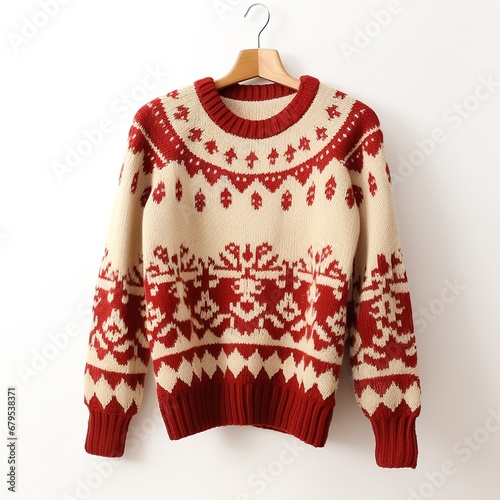 Cozy white women sweater with red deer knit pattern. Long-sleeved, knitted sweater for women and family. © Fokasu Art