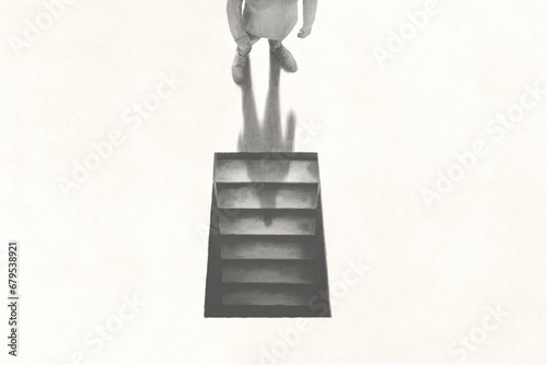 illustration of man getting downstairs, fear of the dark surreal concept photo
