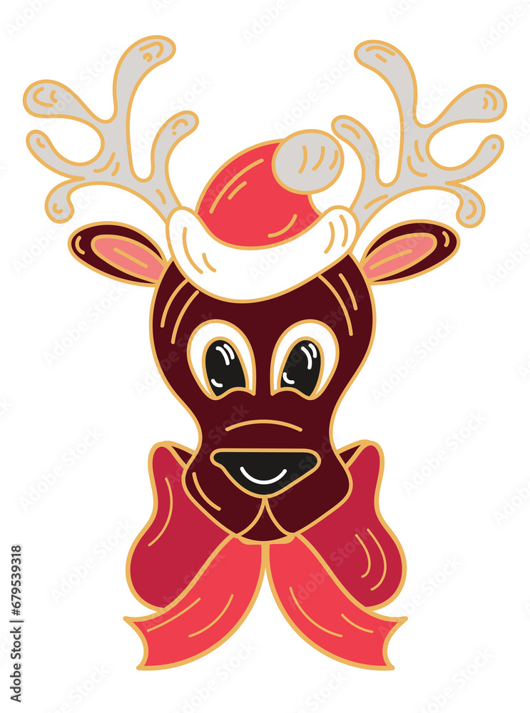 Christmas Santas deer in a hat with bow sticker isolated on transparent background Christmas Santas deer in a hat with bow sticker isolated on transparent background