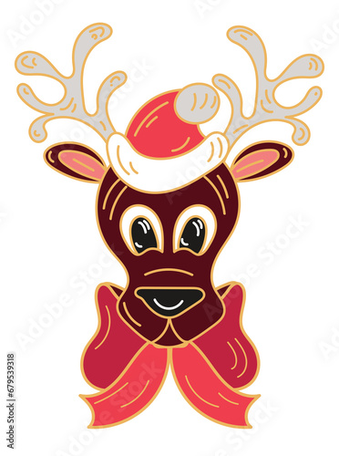 Christmas Santas deer in a hat with bow sticker isolated on transparent background