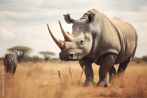 A rhino standing next to a zebra in a field. Generative AI.