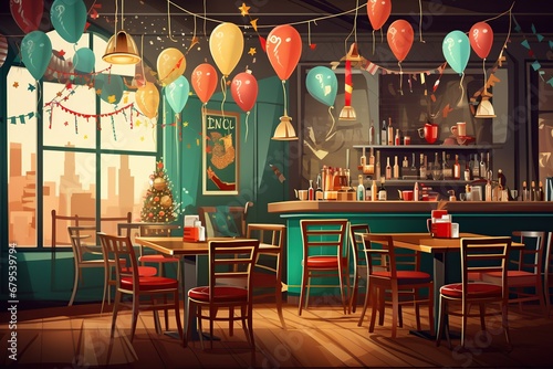 Retro illustration of a stylized New Year's Eve cafe with vintage furniture photo