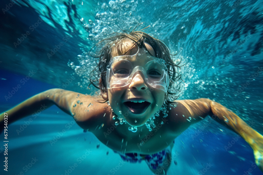 Fototapeta premium Little boy swimming underwater in the pool. Underwater portrait of a beautiful child.