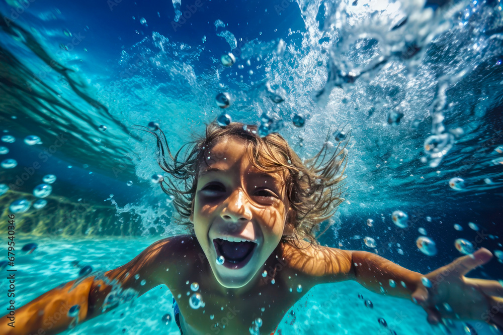 Fototapeta premium Happy boy swimming underwater in the ocean. Kid having fun underwater.