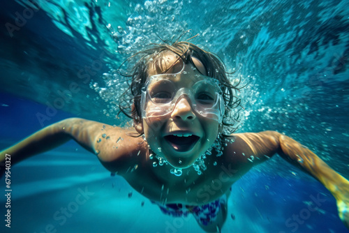 Little boy swimming underwater in the pool. Underwater portrait of a beautiful child.