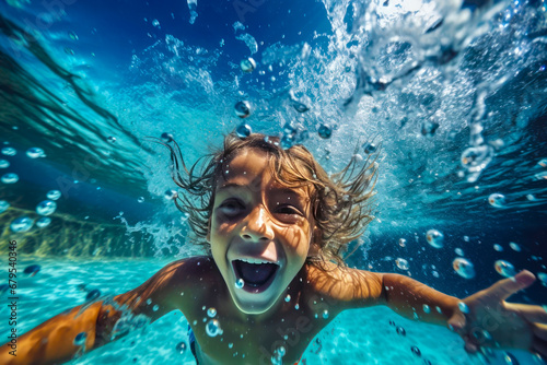 Happy boy swimming underwater in the ocean. Kid having fun underwater.