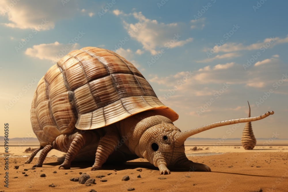 Fototapeta premium A giant snail crawling on a sandy beach. Generative AI.