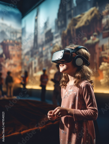 A little girl wearing a virtual reality headset. Generative AI. © serg3d