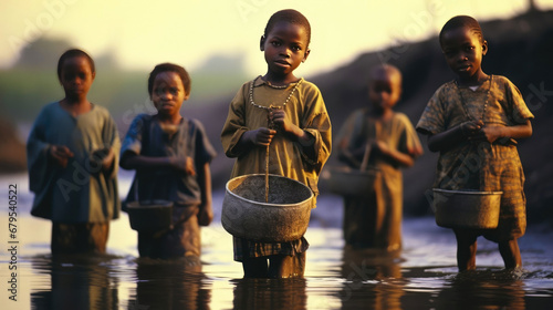 Little African children collect water. The water problem in Africa.