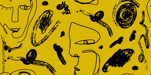 Seamless pattern line drawing of women with different faces and abstract lines.
