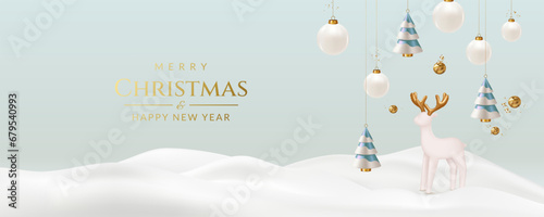Christmas and New Year greeting card with deer, balls, confetti, ribbons and trees.