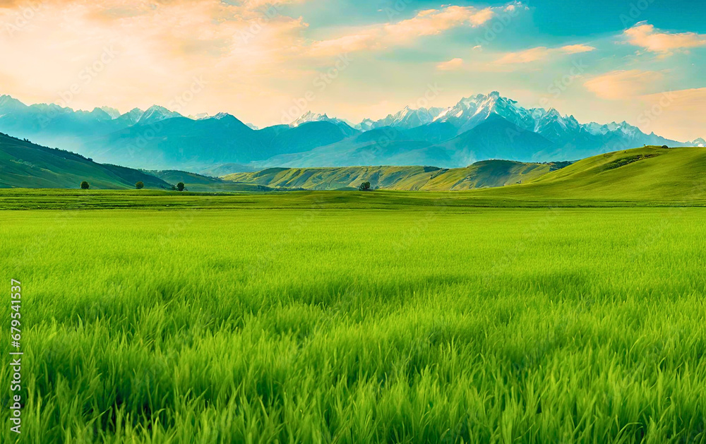 landscape with grass and mountains,
Serene Mountain Landscape with Green Grass, 
Picturesque Mountain Range and Lush Grassland, 
Scenic View of Rolling Hills and Majestic Mountains
