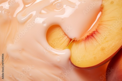 Photo of a macro shot capturing the texture of a peach submerged in milk. Generative AI