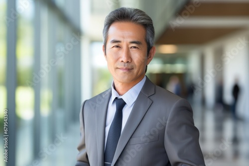 Portrait of mature Asian businessman in office. Mature Japanese businessman in business suit.