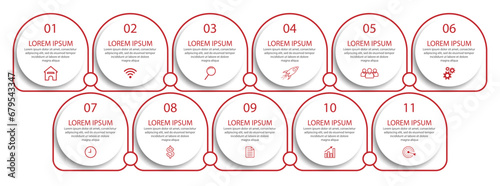 Simple Business Infographic design, vector
template with red color lines, icons, numbers and
11 choices or steps. Can be used for process diagrams,
presentations, workflow layouts, banners, flowcharts