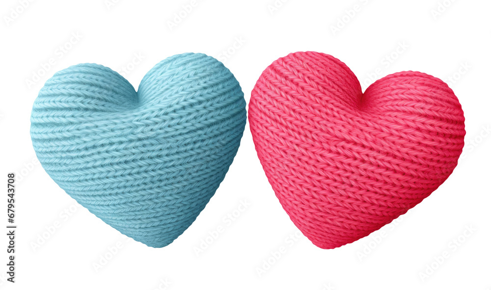 Blue and pink knitted hearts isolated on transparent background
