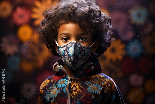 young child under a protective face mask, multicultural fusion,