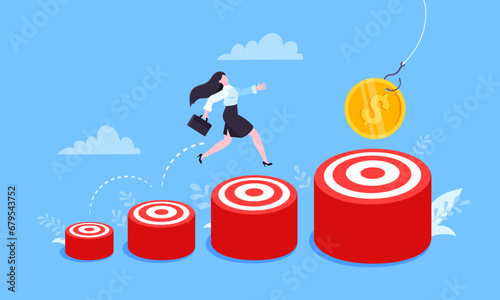 Businesswoman runs and jumps from small target goal to reach bigger target goal achievement.