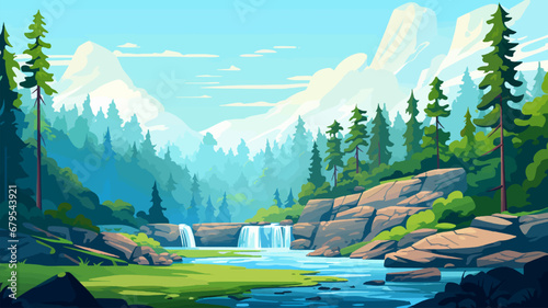 Nature landscape background with waterfall and mountains. Vector illustration in flat style