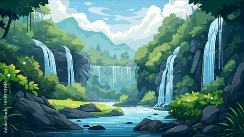 Nature landscape background with waterfall and mountains. Vector illustration in flat style photo