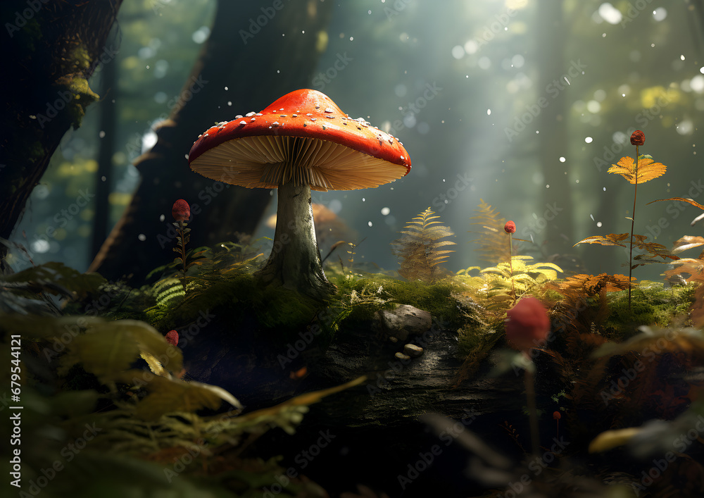 Fototapeta premium Enchanting red-capped mushrooms nestled among the moss in a sun-dappled forest