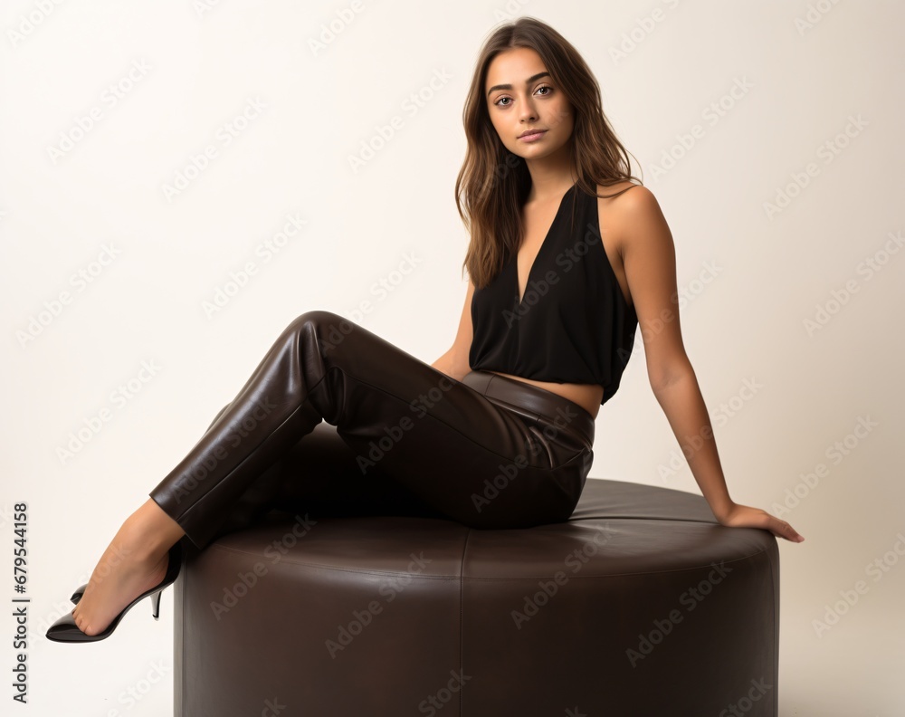a young woman posing on a large chocolate ottoman a young woman posing on a large chocolate ottoman