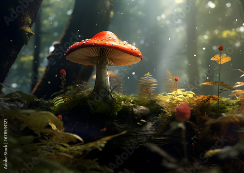 Enchanting red-capped mushrooms nestled among the moss in a sun-dappled forest