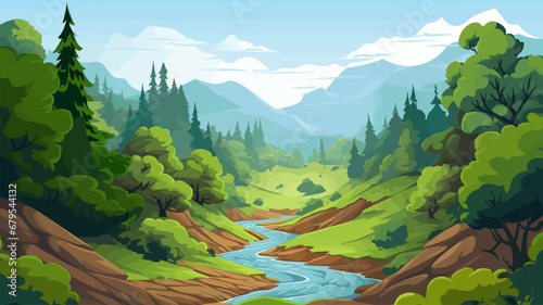 Beautiful landscape with a waterfall in the forest. Vector illustration.