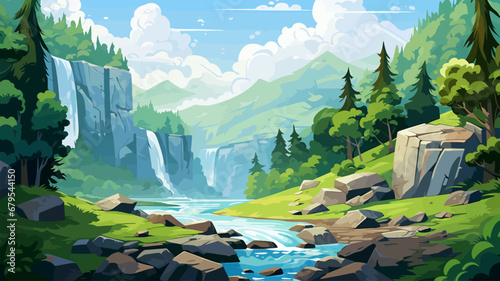Beautiful landscape with a waterfall in the forest. Vector illustration.