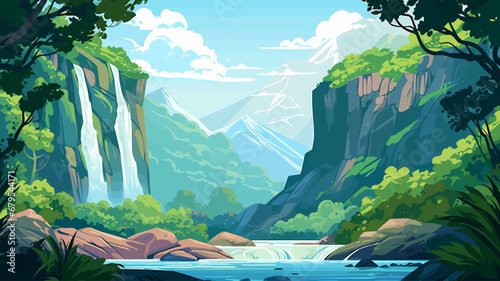 Beautiful landscape with a waterfall in the forest. Vector illustration.
