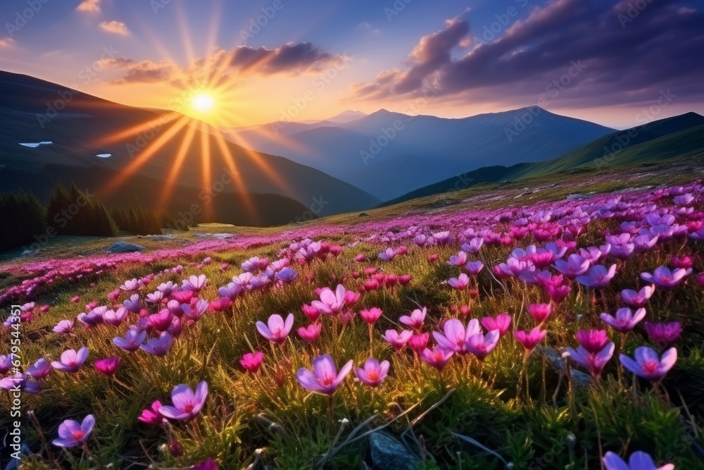 Fototapeta premium Mountain Bloom: A Majestic Sunrise Over Summer Wildflowers