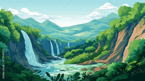 Waterfall in the mountains. Cartoon style. Vector illustration for your design