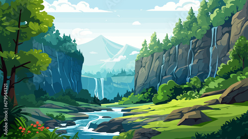 Waterfall in the mountains. Cartoon style. Vector illustration for your design