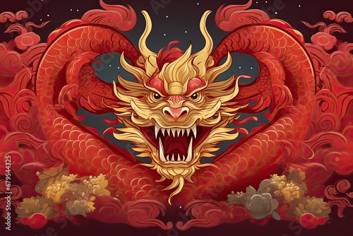 Illustration of a golden Dragon on a red background  in the style of Chinese New Year