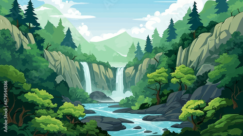 Waterfall in the mountains. Cartoon style. Vector illustration for your design