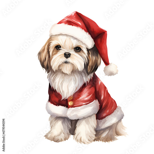 cute baby shin tzu wearing Santa Claus for christmas theme, watercolor illustration