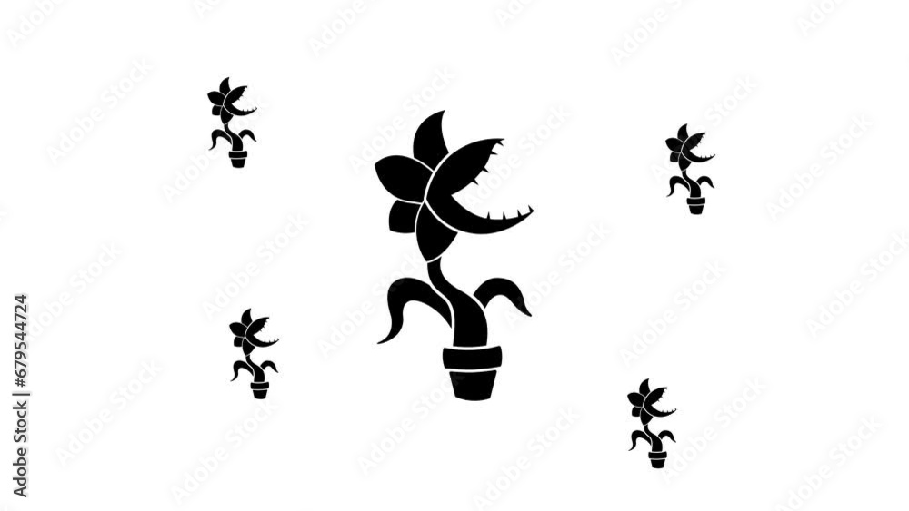 Zoom in and out animation the carnivorous plant symbol. Large black symbol in the center and four small symbols around. Seamless looped 4k animation on white background Zoom in and out animation the carnivorous plant symbol. Large black symbol in the center and four small symbols around. Seamless looped 4k animation on white background