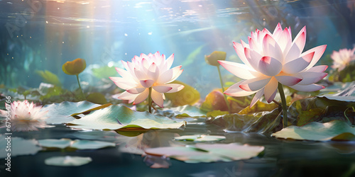 Lotus blooms under the water  bathed in sunlight