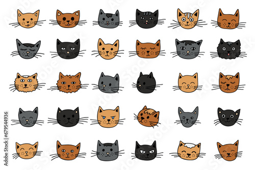 Hand drawn cat muzzle clipart. Cute pet face doodle set