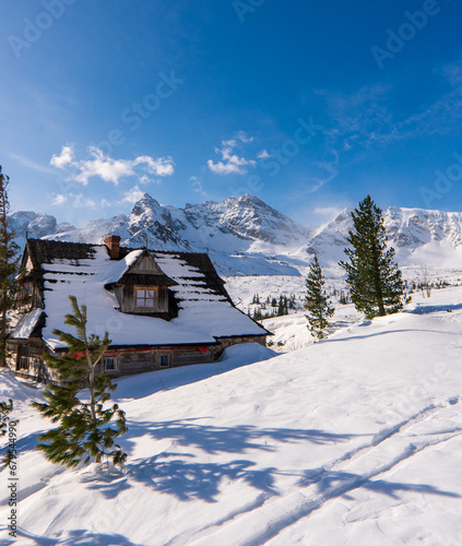 Fototapeta Naklejka Na Ścianę i Meble -  wonderful winter scenery with snow and timber cabin chalet home in High Tatras mountain in Slovakia and Poland
