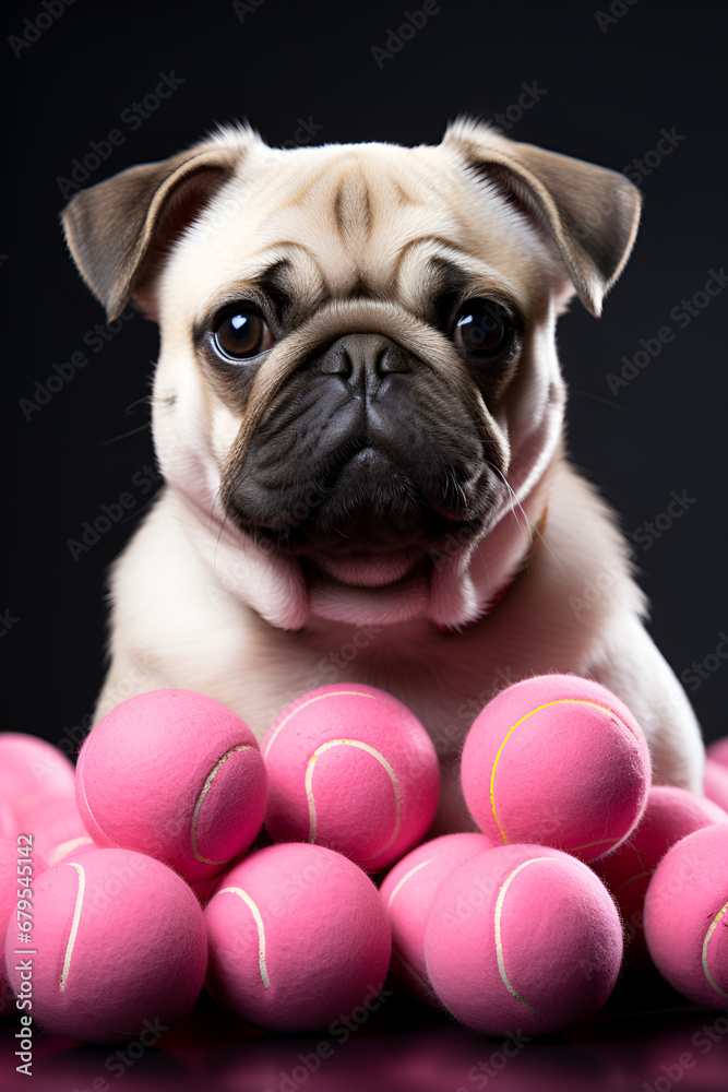 Pug with pink tennis balls generated AI